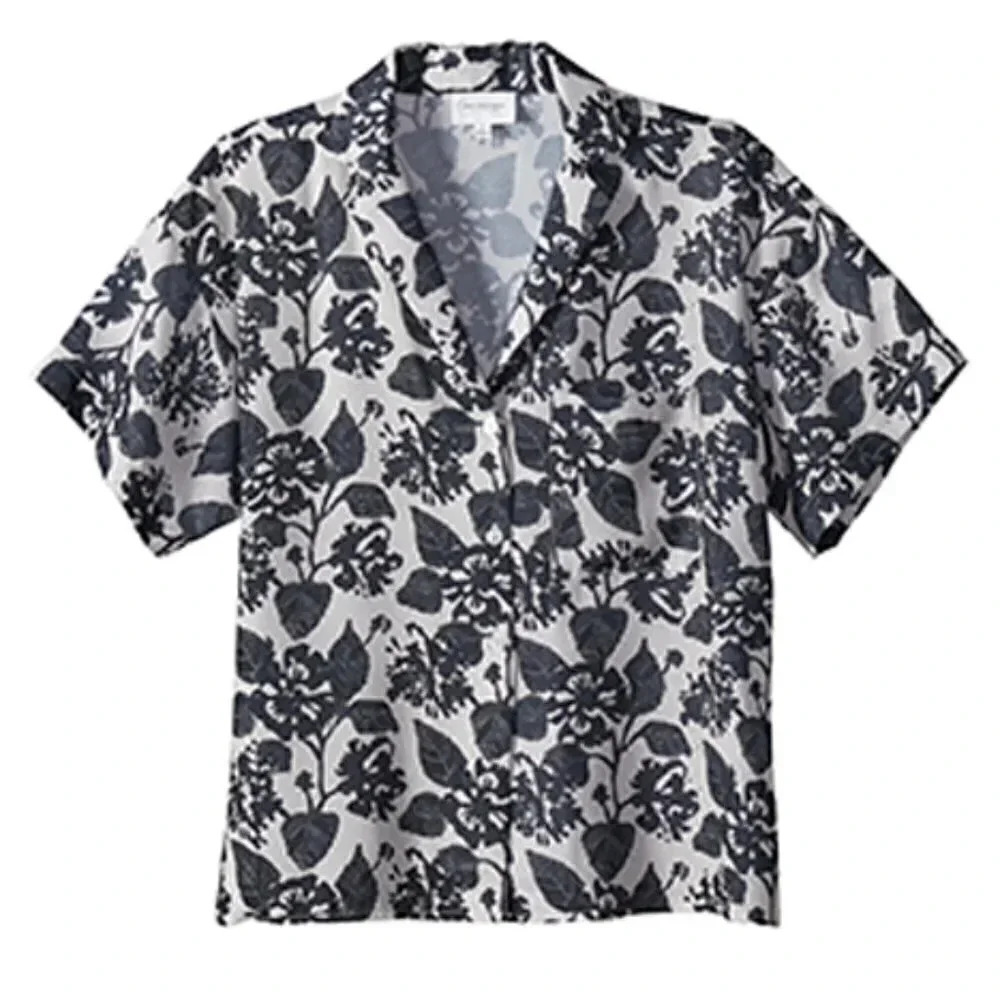 NWT WHO WHAT WEAR Women's Resort Shirt - Pressed Floral - Black/White - Size Med